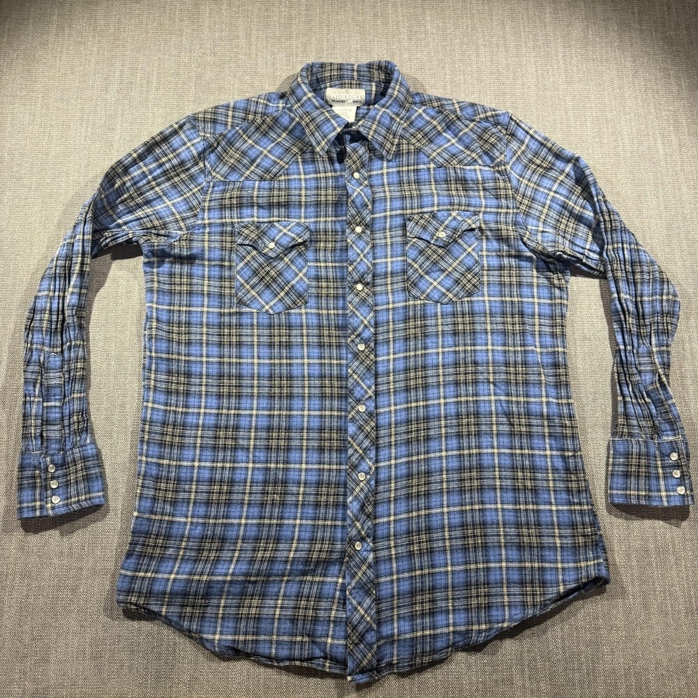 Wrangler Shirt Mens XLT Blue Plaid Flannel Western Pearl Snap Long Sleeve